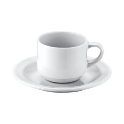 Tasse 170 ml et sous tasse blanche, aspect porcelaine, en mélamine 