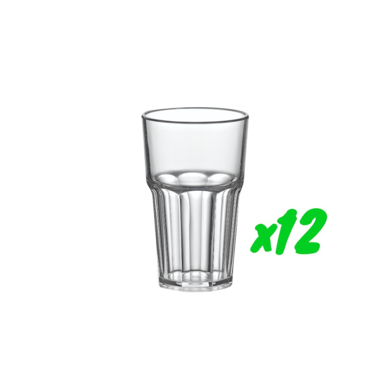 12 verres de table, polycarbonate, 300 ml, Ø 7,6cm, H 12,2cm, Larg 7,6cm. Réutilisable 